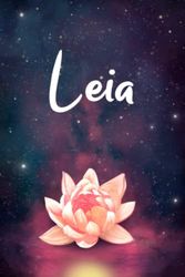 Leia: Personalized Name Journal, Lined Notebook with Beautiful Pink Water Lily Illustration on Blue Purple Cover