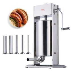 VEVOR XZ-15L 15 L / 30 LBS Vertical Sausage Machine, Dual-Speed Meat Stuffer, Made of Food-Grade 304 Stainless Steel, Includes 5 Stuffing Tubes, for Home Kitchen Restaurant Commercial, Silver