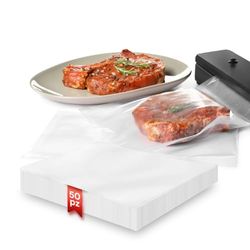 Avilia Set di 50 Buste Sottovuoto Pretagliate per Alimenti 20x30 cm - Spessore di 180 Micron Contro l'Umidità e l'Aria - Realizzate in Plastica PA6 e PE Sono Prive di Sostanze Nocive - Pratiche