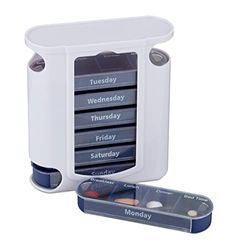 Relaxdays Armário semanal 4 tomas, rótulos em inglês, PP-ABS, branco-azul, 13 x 11,5 x 4,5 cm