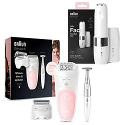Braun Silk-épil 9 Face Mini Epilator Bundle: Long-Lasting Hair Removal with Electric Shaver, Trimmer & Bikini Trimmer, White + Facial Hair Remover, FS1000, White