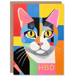 Artery8 Birthday Greeting Card Colourful Abstract Cat Lover HBD For Him Her