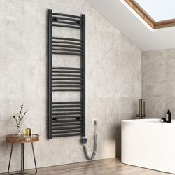 EMKE Badkamerradiator, elektrisch, 140 x 50 cm, gebogen handdoekradiator, elektrisch met thermostaat, handdoekdroger, handdoekwarmer met timer, antraciet, 600 W