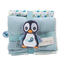 NICI Penguin Watschili-set: 2x Zachte Mousseline-Doeken 60x60 cm & 1x Pluizig Speelgoed voor Baby's 10 cm - Doekje & Babyknuffel vanaf 0 Maanden – Doekje/Knuffel voor Meisjes en Jongens