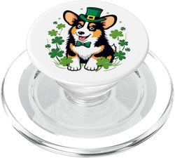 Día de San Patricio, perro corgi negro y tostado, tréboles PopSockets PopGrip para MagSafe