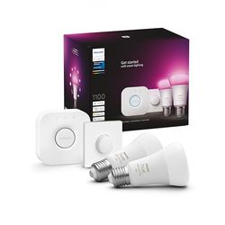 Philips Hue Starterkit - 2 Lampen - E27 - Wit en Gekleurd Licht - 1100lm - 1 Smart Button - Inclusief Hue Bridge - Dimbaar - Verbind met Bluetooth of Hue Bridge - Werkt met Alexa en Google Home