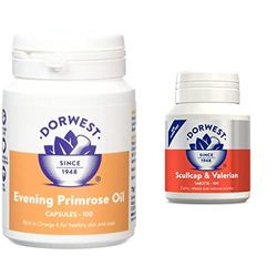 Dorwest Herbs Evening Primrose Oil Capsules for Dogs and Cats 100 Capsules & Scullcap & Valerian Calming Tablets for Dogs and Cats, Natural Dog Calming Supplements for Stress and Anxiety Relief