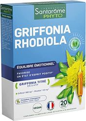 Santarome Bio - Griffonia Rhodiola | Complément Alimentaire Stress Emotionnel | Apaise le Stress & Equilibre l'Humeur - A base de Griffonia et Rhodiola | 20 Ampoules | Végan | Made In France