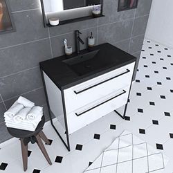 AURLANE Meuble de Salle de Bain 80x50cm Blanc - 2 tiroirs Blanc - Vasque resine Noire Effet Pierre