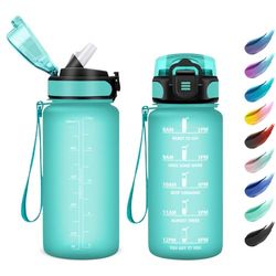 Drinkfles, 500 ml, lekvrij, gemakkelijk te openen, motiverende waterfles met rietje, waterfles voor camping, fietsen, school