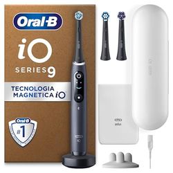 Oral-B Spazzolino Elettrico Ricaricabile iO 9 Nero, 3 Testine Di Ricambio, Custodia Da Viaggio Ricaricabile, 1 Spazzolino Elettrico Oral B, Sensore di Pressione, Display Interattivo