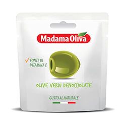 MADAMA OLIVA, Olive Verdi Denocciolate dal Colore Verde Intenso e Gusto Deciso, 100% Made in Italy, Senza Conservanti Aggiunti, 100% Vegetale, Pratica Busta in Alluminio da 30 gr