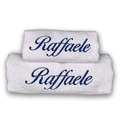 Crociedelizie, Set bagno da 2 coppia asciugamani bianchi ricamati personalizzati con nome viso + ospite idea regalo scelta colore ricamo spugna cotone 100%