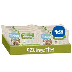 TIDOO- Lingette Bébé peaux sensibles- Sans Parfum - Lingettes Nettoyantes Sans Alcool Made in France - Soin Bébé Peaux Normales & Fragiles - 9x58 Lingettes Désinfectantes