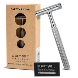 Parker, rasoio di sicurezza a pettine chiuso in 3 pezzi modello 78R con 5 lame Parker in platino incluse (cromo ad alta lucentezza)