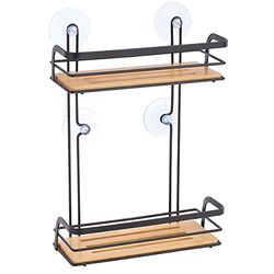MSV Étagère de Douche sans perçage avec ventouses en Acier et Bambou Noir Mat 25,5 x 12 x 37 cm