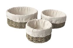 Red Hamper Set of 3 Cotton Lined Round Seagrass Tray, Wicker, Brown, 22 x 22 x 10 cm