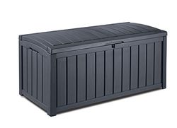 Keter Glenwood Kussenbox, 390 liter volume, waterdicht, grafiet, houtlook, zitbank voor 2 volwassenen, 128 x 65 x 61 cm, tuinbox