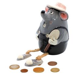 Keramische spaarpot/spaarpot/moneybox als muis met spader/tuinier, handgemaakt, ca. 17 cm groot, randkruk