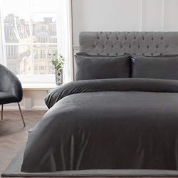 Sleepdown Matt Velvet Charcoal Grey Luxury Super Soft Easy Care Plain Duvet Cover Quilt Bedding Set with Pillowcases - Double (200cm x 200cm)