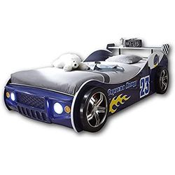 Stella Trading ENERGY Lit de voiture avec éclairage LED 90 x 200 cm - Lit de voiture excitant pour les petits coureurs en bleu - 225 x 105 x 60 cm