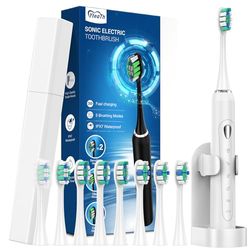 Spazzolino Elettrico Sonico per Adulti con 8 Testine - 5 Modalità Spazzolino Elettrico con Custodia, Ricarica Rapida, Spazzolini Elettrici da Viaggio Famiglie, Bianco Brillante