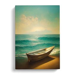 Boat On The Beach Teal, Gold, Green Canvas Print for Living Room Bedroom Home Office Décor, Wall Art Picture Ready to Hang, 30x20 Inch (76x50 cm)