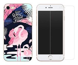 Novago kompatibel med iPhone 6 6S 4, 7 tum combo 1 härdat glas + 1 hårt fodral geltryckt fantasi och solid rosa flamingo