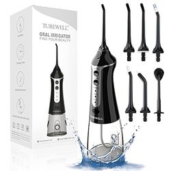 TUREWELL FC1591 monddouche, elektrische interdentale reiniger met 3 modi en 5 sproeiers, IPX7 waterdicht, 300 ml, draadloze monddouche, draagbare oplaadbare waterflosser voor familie en reizen