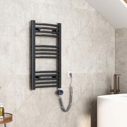 EMKE Badkamerverwarming, elektrisch, 75 x 40 cm, gebogen handdoekradiator, elektrisch met thermostaat, kleine handdoekdroger, handdoekwarmer met timer, antraciet, 250 W