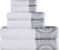 Superior Medallion Turkish Cotton Highly Absorbent 6-Piece Jacquard Towel Set, Face Towels 13” x 13”, Hand Towels 16” x 28”, Bath Towels 27” x 54”, White-Silver, 6-Pieces