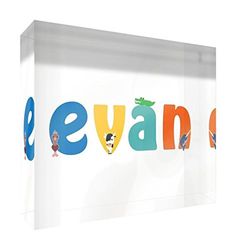 Little Helper Souvenir Décoratif en Acrylique Transparent Poli comme Diamant Style Illustratif Coloré avec le Nom de Jeune Garçon Evan 15 x 21 x 2 cm Grand