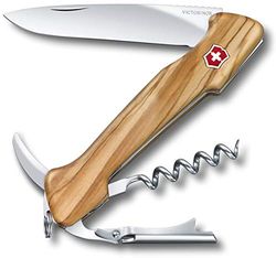 Victorinox Wine Master, Navaja suiza con mango de madera de olivo, funda de cuero y 6 funciones, incluyendo sacacorchos