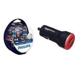 Philips RacingVision + 150% Ampoule Phare H4 12342RVS2, Bleu, Set de 2 + Amazon Basics Chargeur 2 ports USB de voiture pour appareils Apple et Android 4,8 Amp/24 W, Noir/rouge