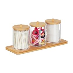 Relaxdays Pots à Cotons-tiges avec Tablette, 3 récipients avec couvercles, Plastique/Bambou, Transparent - Nature