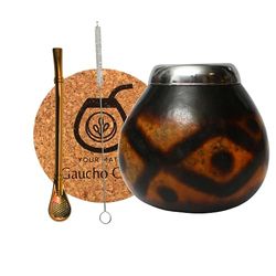 Gaucho Cebar Set met natuurlijke kalebassen voor Yerba Mate-thee | Pompoenbeker en roestvrijstalen rietje Bombilla Straw accessoires - kurkpad en borstel, bruin