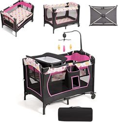 FANTASK 4-in-1 inklapbaar reisbed tot 15 kg, mobiele wieg, bijzetbed & commode & box, 2 niveaus babybed in hoogte verstelbaar met draagtas, matras en muziekdoos