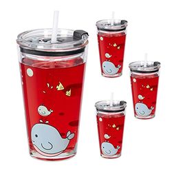 Relaxdays Set de 4 Vasos Infantiles, Diseño Ballena, Jarrita Agua Niños, Tapa y Pajita, 450 ml, Cristal, Transparente