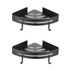 Ibergrif, Estante para Ducha con 2 Ganchos, Esquina Organizador de Baño, Cesta de Almacenamiento, Sin Taladros, Aluminio Space, 2 Packs, Negro (M34033B)