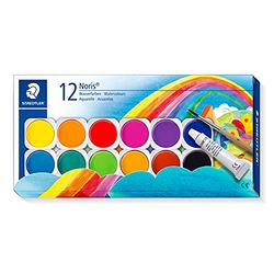 Staedtler Noris 888, Palette de peinture aquarelle de haute qualité, Boîte de 12 pastilles aquarelles avec 1 tube de gouache blanche et 1 pinceau, 888 NC12