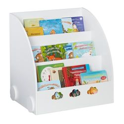 Relaxdays Bibliothèque pour Enfants, HxLxP : 60x58x45 cm, pour Enfants avec Motif de Nuages, 3 Compartiments, MDF, Blanc