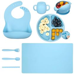 Auton Service de vaisselle 7 pièces en silicone avec ventouse, sans BPA, assiettes avec ventouse, bavoir, cuillère, fourchette, vaisselle