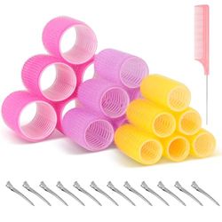 Romon Ensemble de Bigoudis, Ensemble de 31 Bigoudis Colorés Sans Chaleur, Auto-Adhésifs 40mm 30mm 20mm Avec 12 Pinces à Cheveux, 18 Fers à Friser et 1 Peigne Large, Bigoudi sans chaleur Multi-Tailles