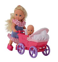 Simba 5736241 Toys Evi Love - Boneca Evi 12 cm com carrinho de passeio para bebé, vários acessórios, dois modelos disponíveis, receberá um modelo aleatório para crianças a partir de 3 anos