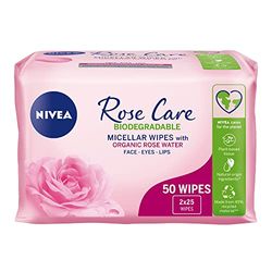 NIVEA Salviette detergenti biodegradabili Rose Care (50 fogli), salviette biodegradabili realizzate con fibre vegetali rinnovabili al 100%, salviette per il trucco con acqua di rose biologica
