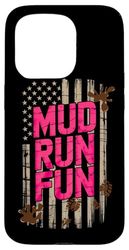 Woman Mud Run Fun Mudder Running Mudding Race USA Flag ATV Case for iPhone 15 Pro