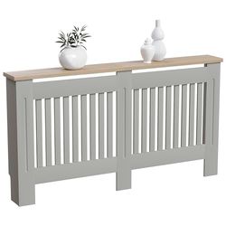 Vida Designs Arlington Radiatorafdekking, moderne, grijs-gelakte kast van vezelplaat met gemiddelde dichtheid, lamellen, groeven, bovenste plank van hout, groot