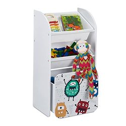 Relaxdays Meuble à Jouets avec 6 boîtes, 80,5 x 82,5 x 30 cm, thème de Petits Monstres, 2 caisses sur roulettes, Blanc