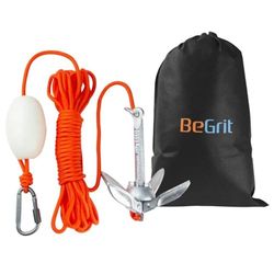 BeGrit liten båt ankarkit hopfällbar druvnel ankare kolstål för kanot jetskidor SUP och paddelbräda 0,7 kg med 10 m ankare bogserrep bärväska
