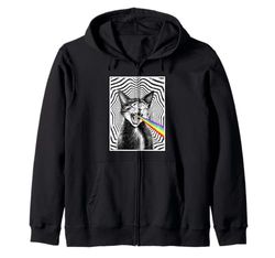 Trippy Cat Spiral Hypnotic Rainbow Black White Vortex Retro Zip Hoodie